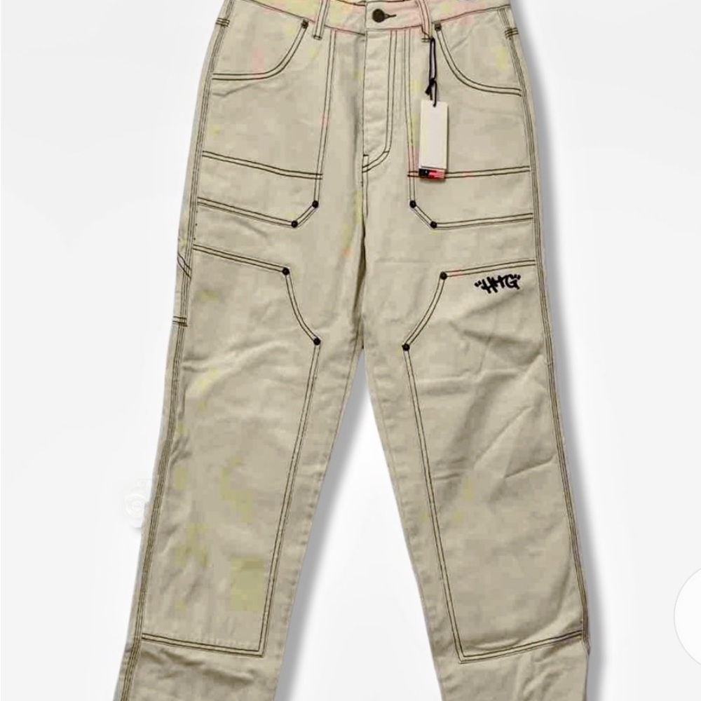 Womens Cream Pants with Black Stitching